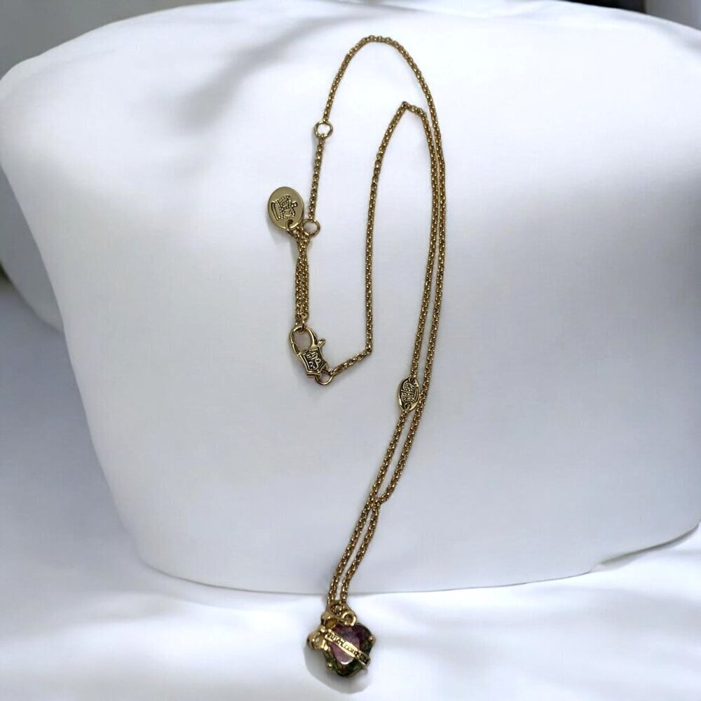 Juicy Couture Crystal Heart Bow Pendant Necklace Gold Tone Chain Lobster Clasp - Picture 8 of 10